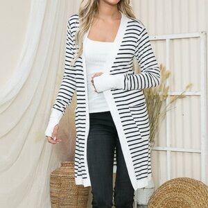 Black and White Stripe Open Midi Cardigan with Thumb Hole